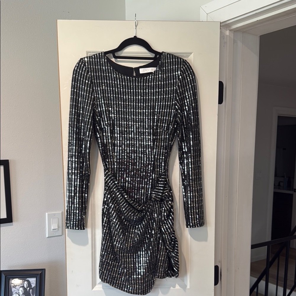 Astr Black and Silver Asymmetrical Ruched Cocktail Dress
